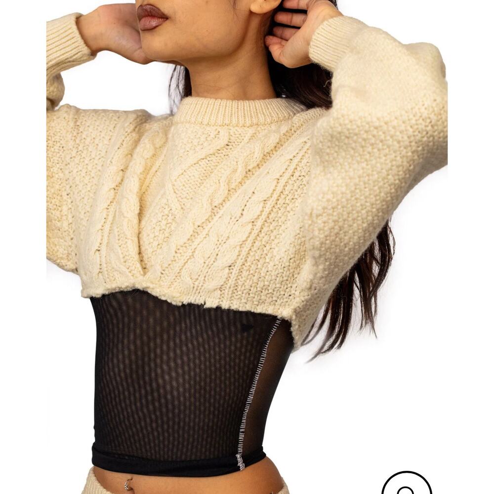 Sami Miro Vintage Reworked Fisherman Cable Knit Crewneck Mesh Wool Sweater M